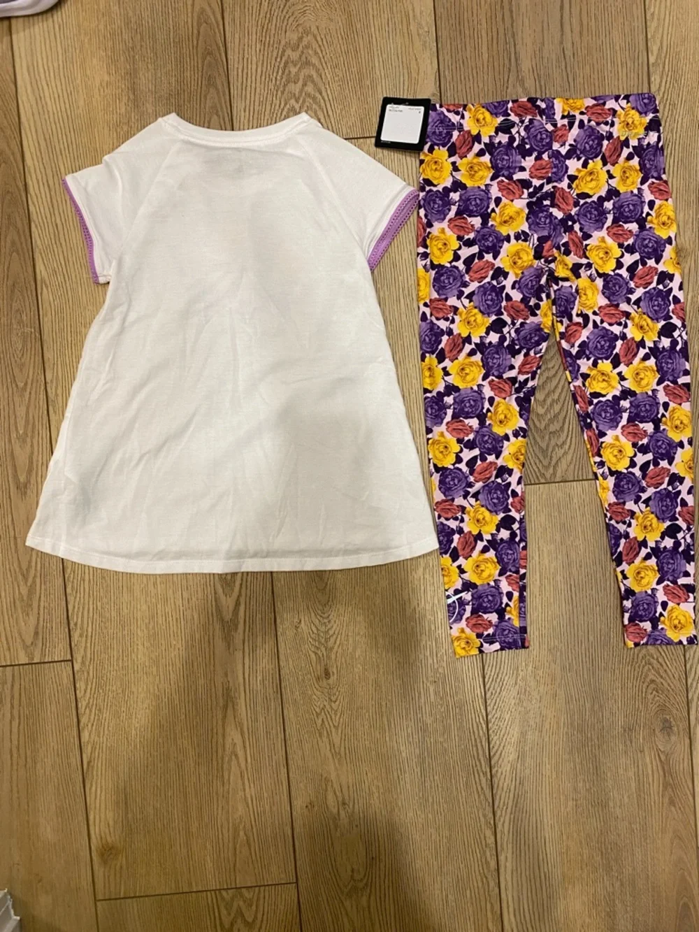 Nike White Tee & Purple-Yellow Floral Leggings Kids Set - Picture 2 of 4